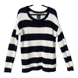 American Eagle Vintage Boyfriend Black White Stripe Fuzzy Textured Knit Sweater